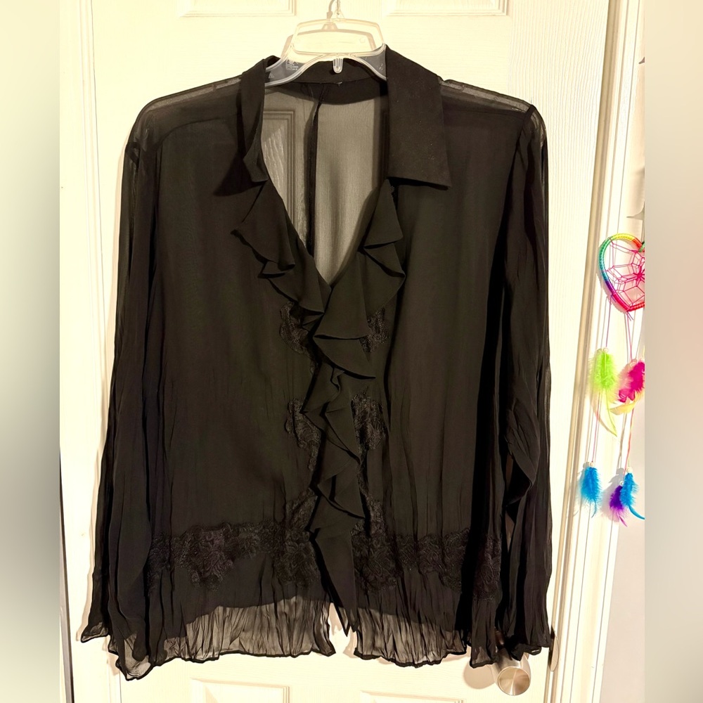 Vintage Sheer Black blouse with ruffles & lace. 1X.